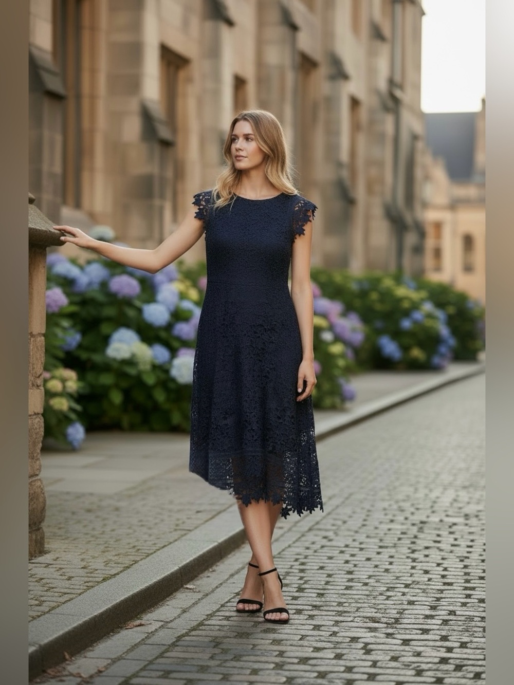 Eliza J Navy Lace Midi Dress - Elegant Women's Occasion Dress